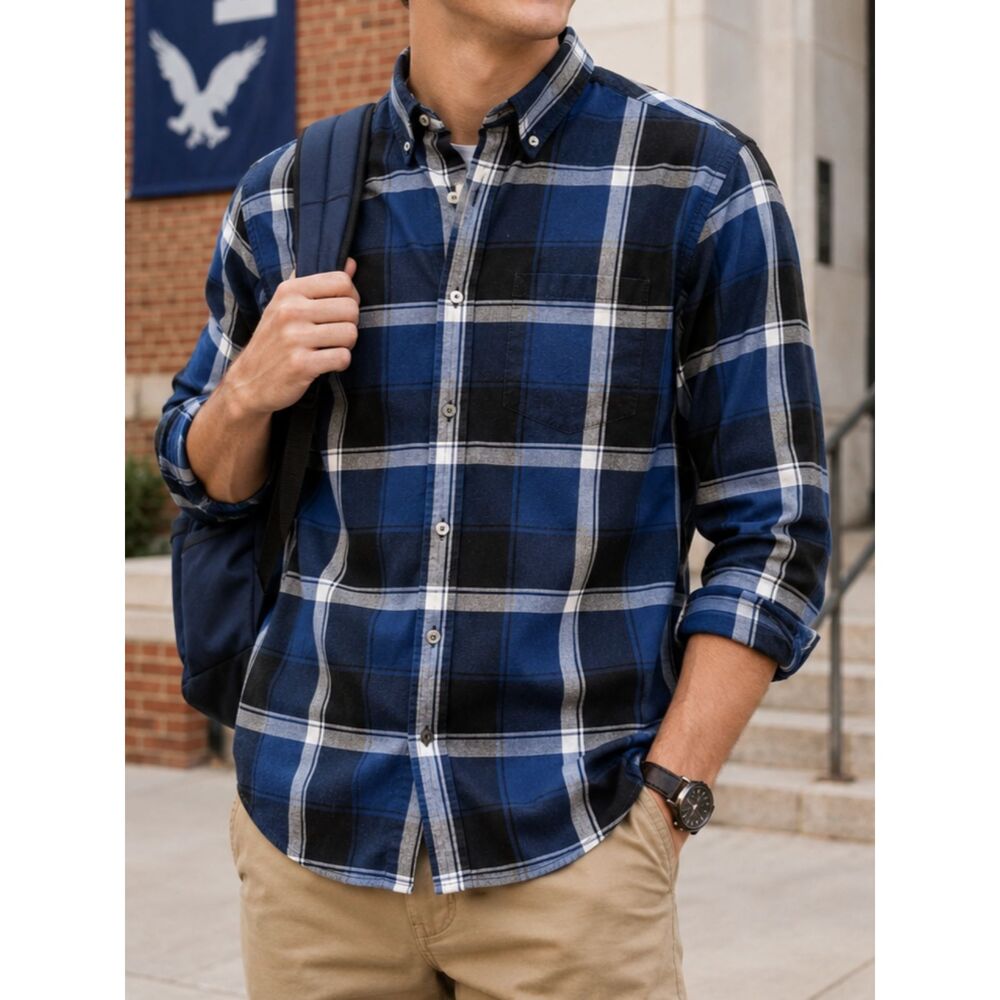 American Eagle Prep Fit Plaid Button Down Shirt Blue Black Men's Large Cotton